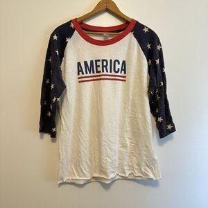 Alternative Earth Womens America USA Red White and Blue 3/4 Sleeve Shirt Sz XL